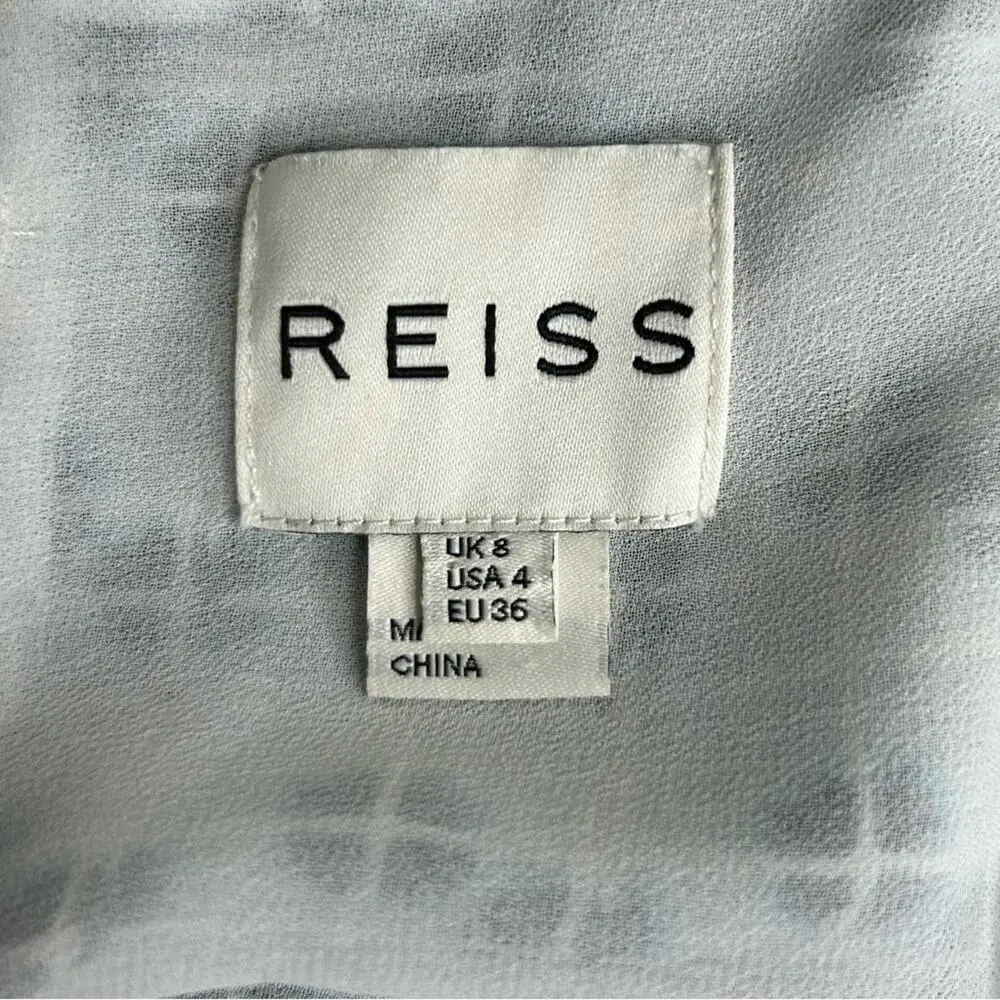 Reiss Giselle Watercolor Three-Quarter Sleeve Blue Geo Print Silk Dress Size 4
